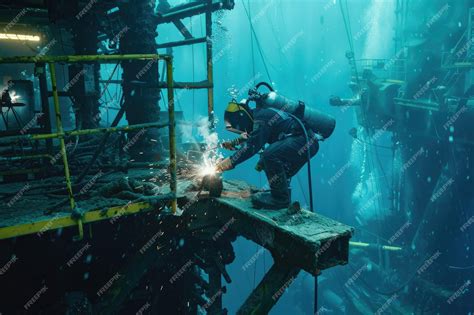 Underwater Welder Performing Maintenance on an Oil Rig Foundation | Premium AI-generated image