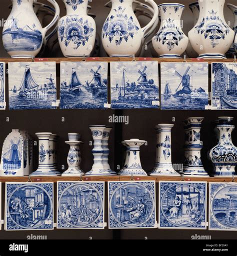 Dutch Delft Blue and White Pottery in Amsterdam market, Holland, the ...