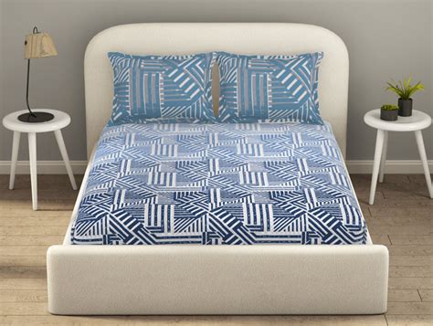 Essentials 100% Cotton Fitted King Bedsheet, 144 TC, Geometric, Light