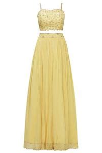 Buy Yellow Organza, Georgette, Kasturi Crepe Square Neck Embroidered ...