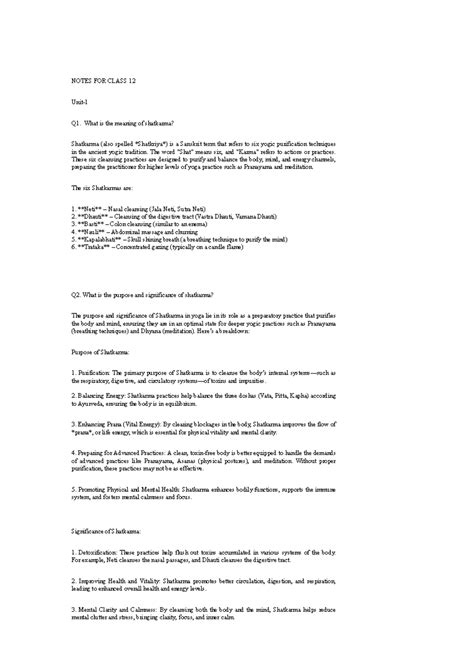 Notes on Shatkarma and Pranayama Techniques for Class XII - Studocu