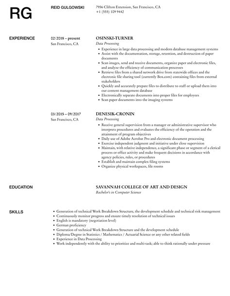 Image result for Data Processing Resume