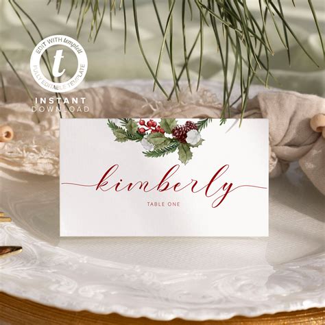 Christmas Place Card Template, Holiday Seating Card, Winter Wedding ...
