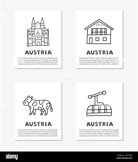 Cards with doodle outline Austria icons including Vienna Cathedral, chalet house, Alpine, cow ...