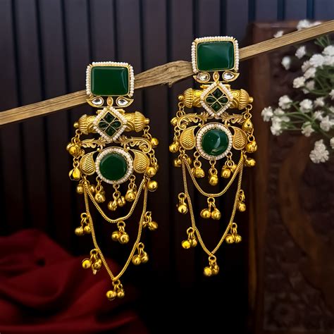 Patralekha Kashmiri Brass Dejhoor Ghungroo Jhumka Earrings - Green ...