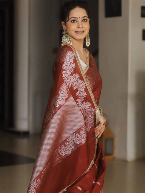 Banarasee Handwoven Katan Silk Saree Zari Border With Lace-Brown