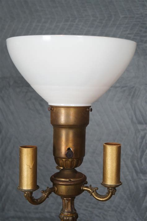 Antique Brass and Marble 3 Arm Candelabra Torchiere Floor Lamp w Shade ...