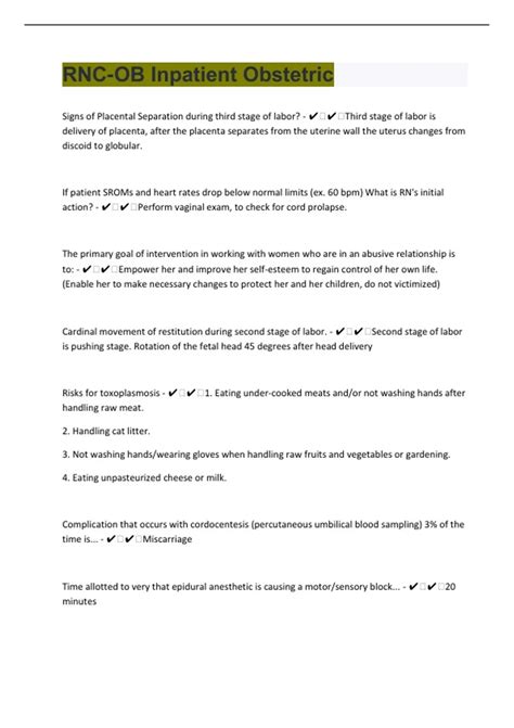 RNC-OB Inpatient Obstetric 44 Questions with 100% Correct Answers ...