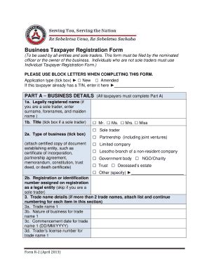 Business Taxpayer Registration Form - Lesotho Revenue Authority - Fill ...