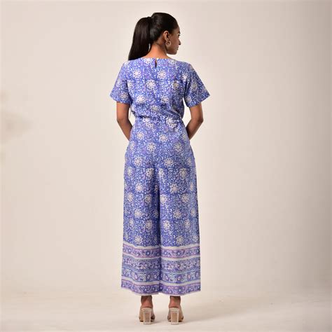 Cotton Hand Block Print Blue Jumpsuit – Fashiana