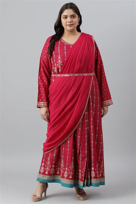 Buy Dark Pink Glitter Printed Festive Plus Size Saree Dress @ 5999 | W ...