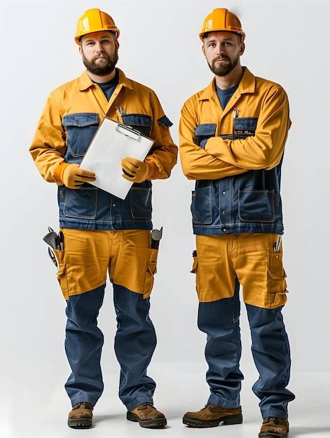 Team of technicians with tools and clipboard on clean background ...