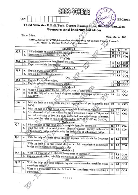 BEC306B - 3rd Sem Exam: Sensors & Instrumentation QP (Jan 2025) - Studocu