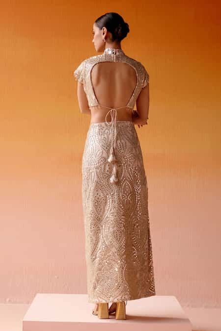 Buy Pink Net Beads, Mirrors High Neck Side Slit Embellished Skirt And ...