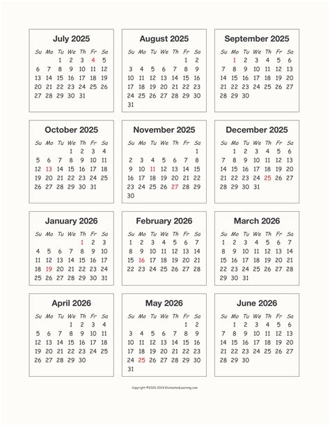 2025-2026 School-Year One-Page Calendar - Enchanted Learning