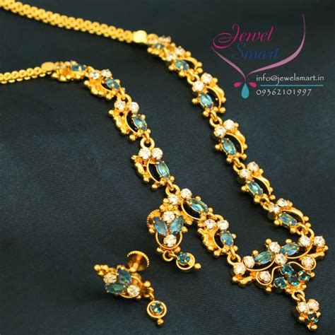N2780 22ct Gold Plated White Blue American Diamond Stones Necklace ...