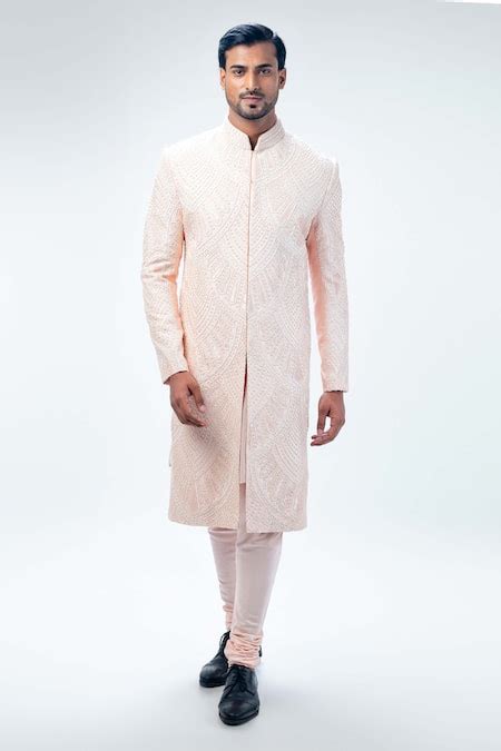 Buy Pink Cotton Silk Embroidery Geometric Mandala Sherwani Churidar Set ...