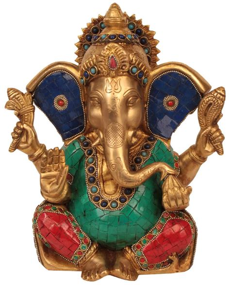 Brass statue of Lord Ganesha with large ears in a blessing pose 10 inc ...