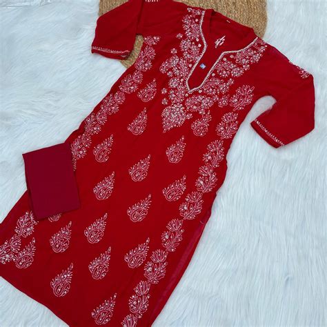 Stone Work Georgette Chikankari Kurti - Red Colour – Chikankaar