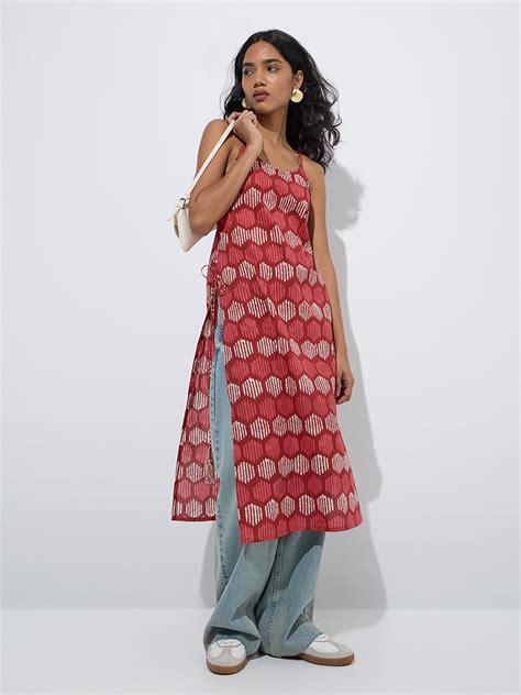 Buy Utsa Red Geometric Printed A-Line Cotton Kurta from Westside