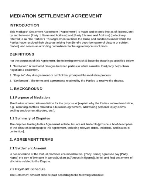 Mediation Settlement Agreement Template - Blank Fillable Template ...