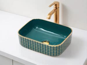 ELEGANCEBATH Green and golden Designer ceramic wash basin(L 40, B 30, H ...