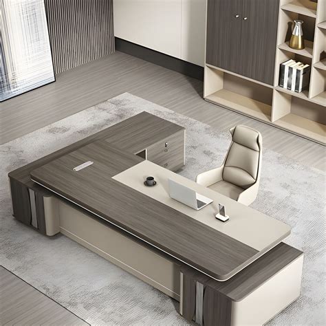Grey L-Shape Executive Desk with Built-in Reversible Desk Return and ...