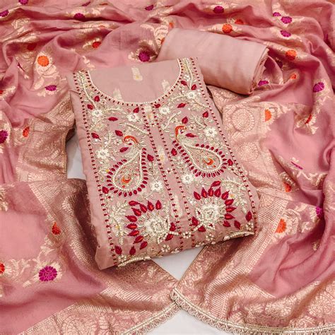 Timeless Peach Floral Weaving Muslin Dress Material With Elegant Sequi