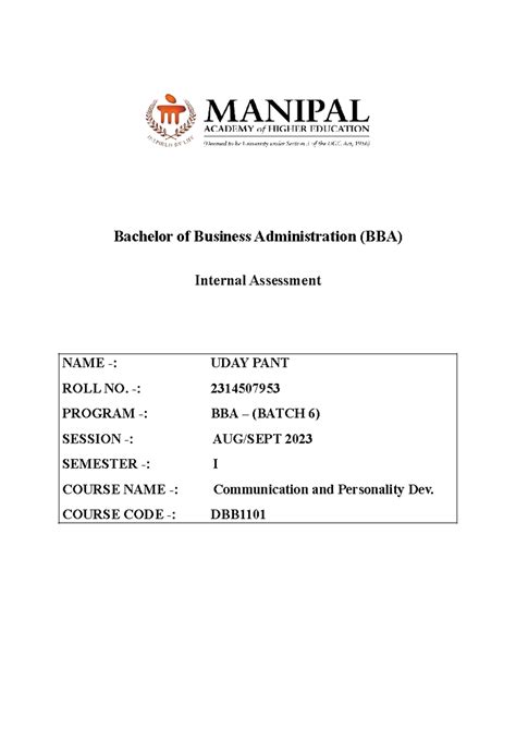 Communication And Personality Devlopment- Assignment - Bachelor of ...