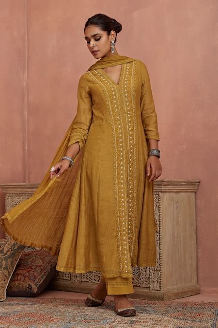 Buy Yellow Kota Doria, Chanderi, Cotton Pearls, Lace V-neck A-line ...