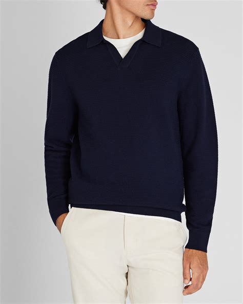 Men's Navy Long-Sleeve Textured Johnny Collar Knit Polo | Club Monaco US