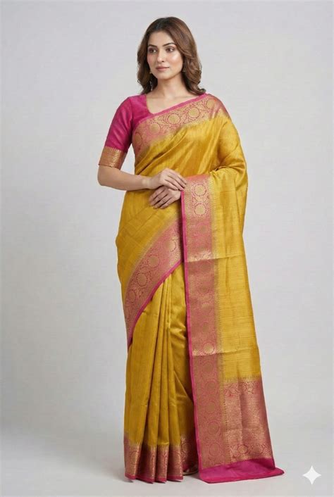 Mustrad Yellow Tussar Banarasi Silk Saree, Hand Woven Motifs With Unst ...