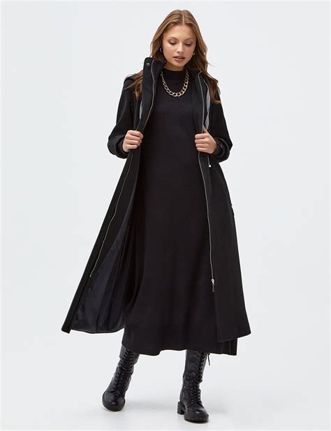 Hooded Long Coat Black - Kayra.com