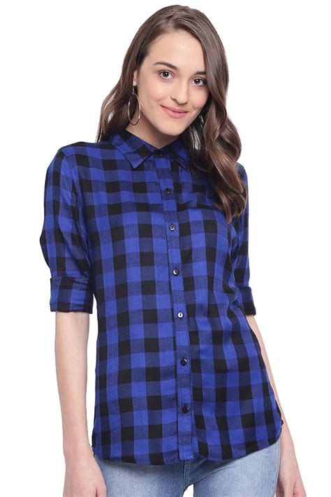 Vastraa Fusion Women's Royal Blue and Black Checkered Shirt : Amazon.in ...