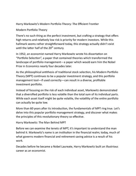 Harry Markowitz’s Modern Portfolio Theory the Efficient Frontier ...