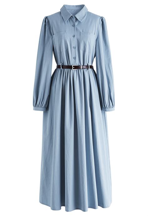 Patch Pocket Belted Cotton Shirt Dress in Blue - Retro, Indie and ...