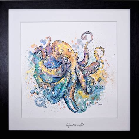 Kraken Illustration, gerahmte Originalarbeit, Aquarell, Rahmenfarbe ...