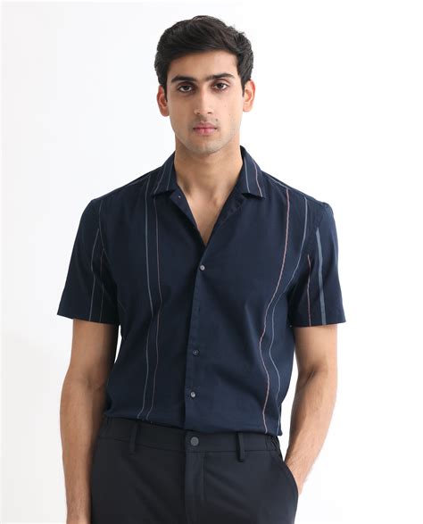 Rare Rabbit Men's Morlac Dark Navy Cotton Striped Print Regular Fit Ha