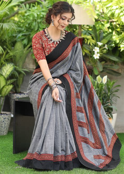 Slate grey Cotton saree with beautiful Ajrakh lines in the Pallu highl ...
