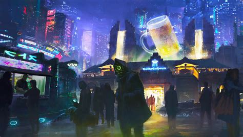Digital art, wide angle, ambient haze street performer, neon signs, evening crowd, moody vibes 的图像结果