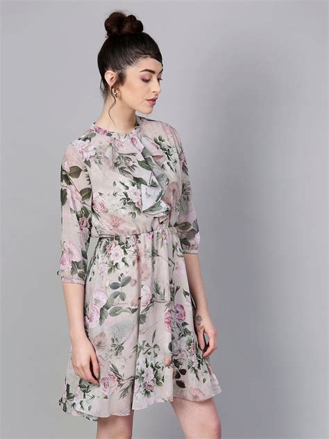 Buy Women Grey & Pista Green Floral Print Fit And Flare Dress - Dresses ...