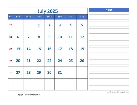 July Calendar 2025 grid lines for holidays and notes (horizontal ...