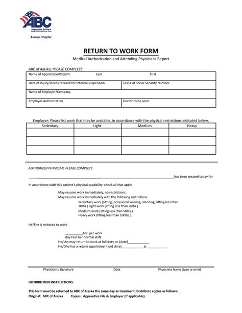 free printable return to work form