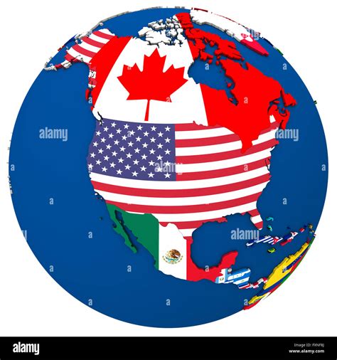 Political map of north America with each country represented by its national flag. 3D ...