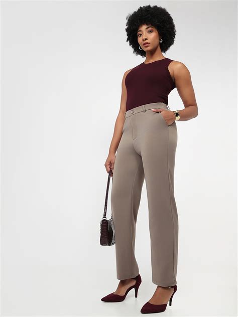 Buy Women Stone High-Rise Straight Fit Korean Pants | Kraus Jeans