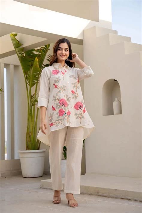 OFF-WHITE EMBROIDERED SHIRT WITH TROUSERS COORDINATED SET ...