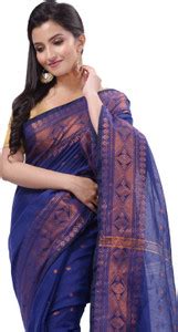Buy TANTLOOM Woven Handloom Cotton Silk Blue Sarees Online @ Best Price ...