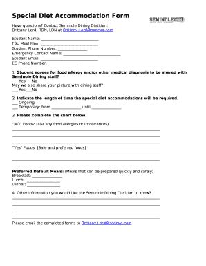Special Diet Accommodation - dos fsu Doc Template | pdfFiller