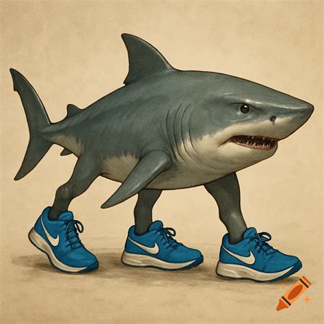 A shark walking on four legs wearing blue Nike shoes. on Craiyon