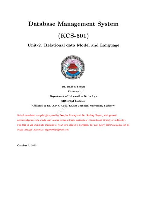 DBMS Unit-2 - Notes. - October 7, 2023 Database Management System (KCS ...